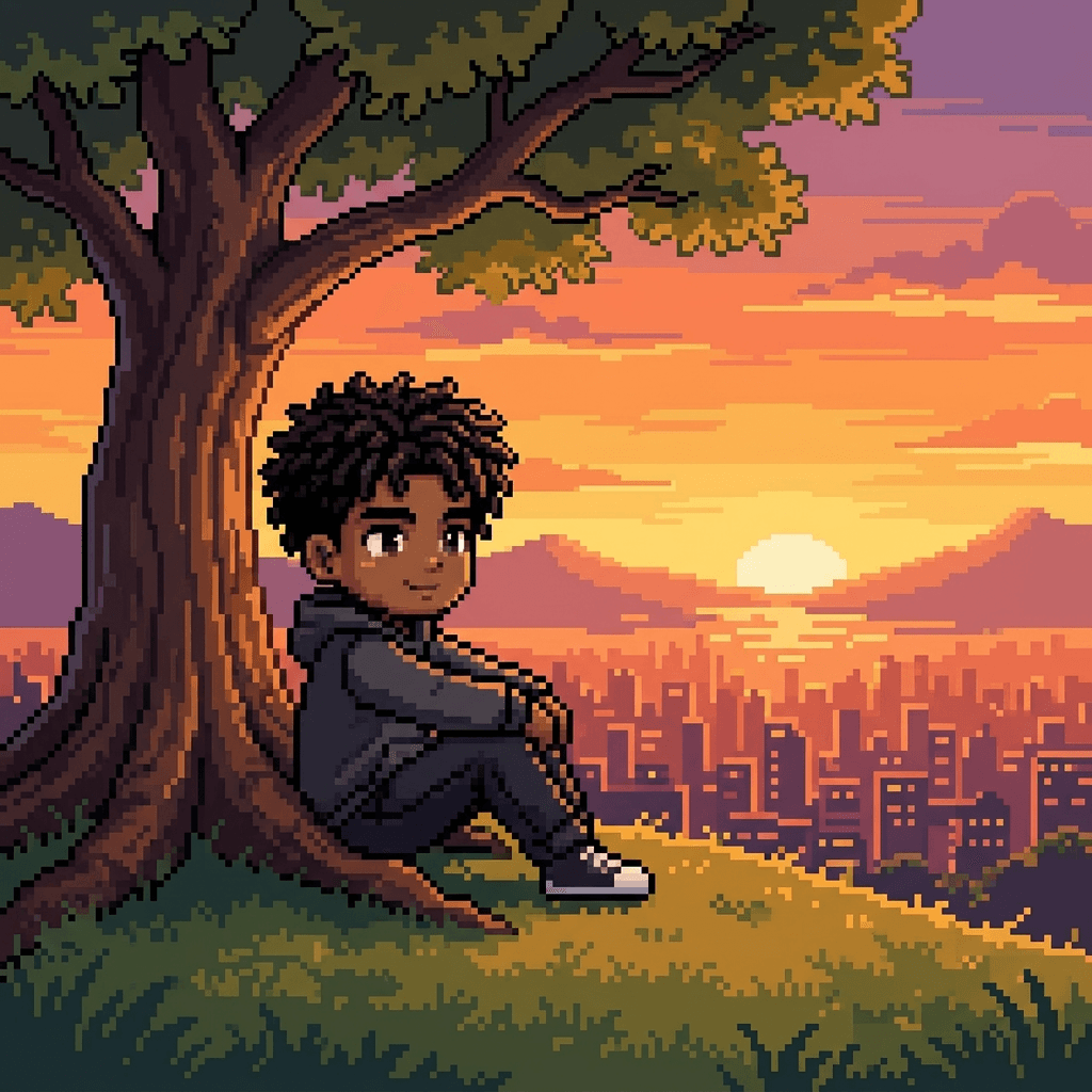 Character sitting under tree at sunset