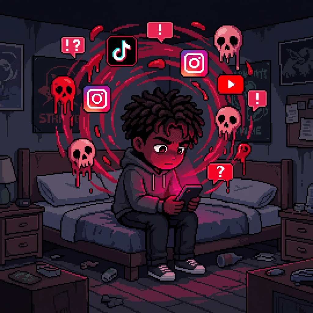 Character hunched over phone with social media chaos