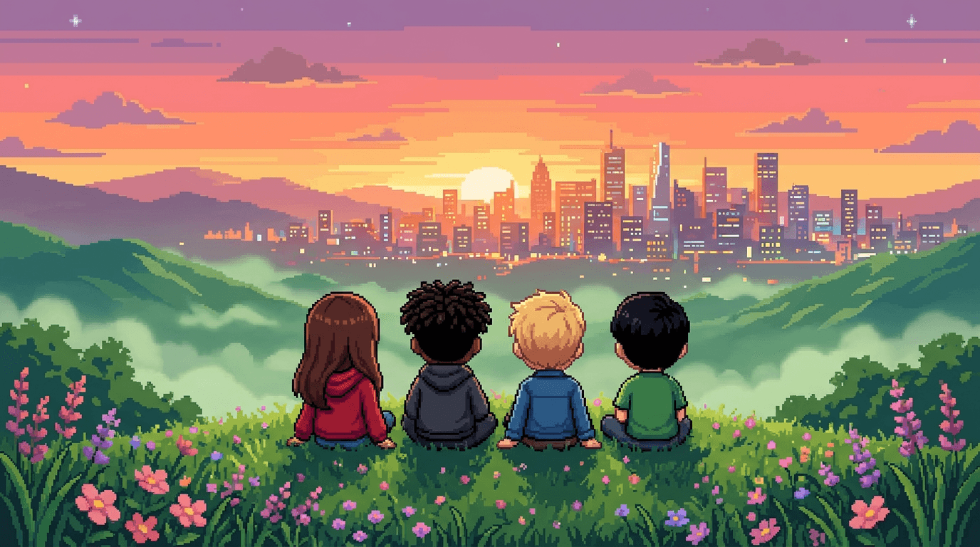 Character with friends watching sunset over city