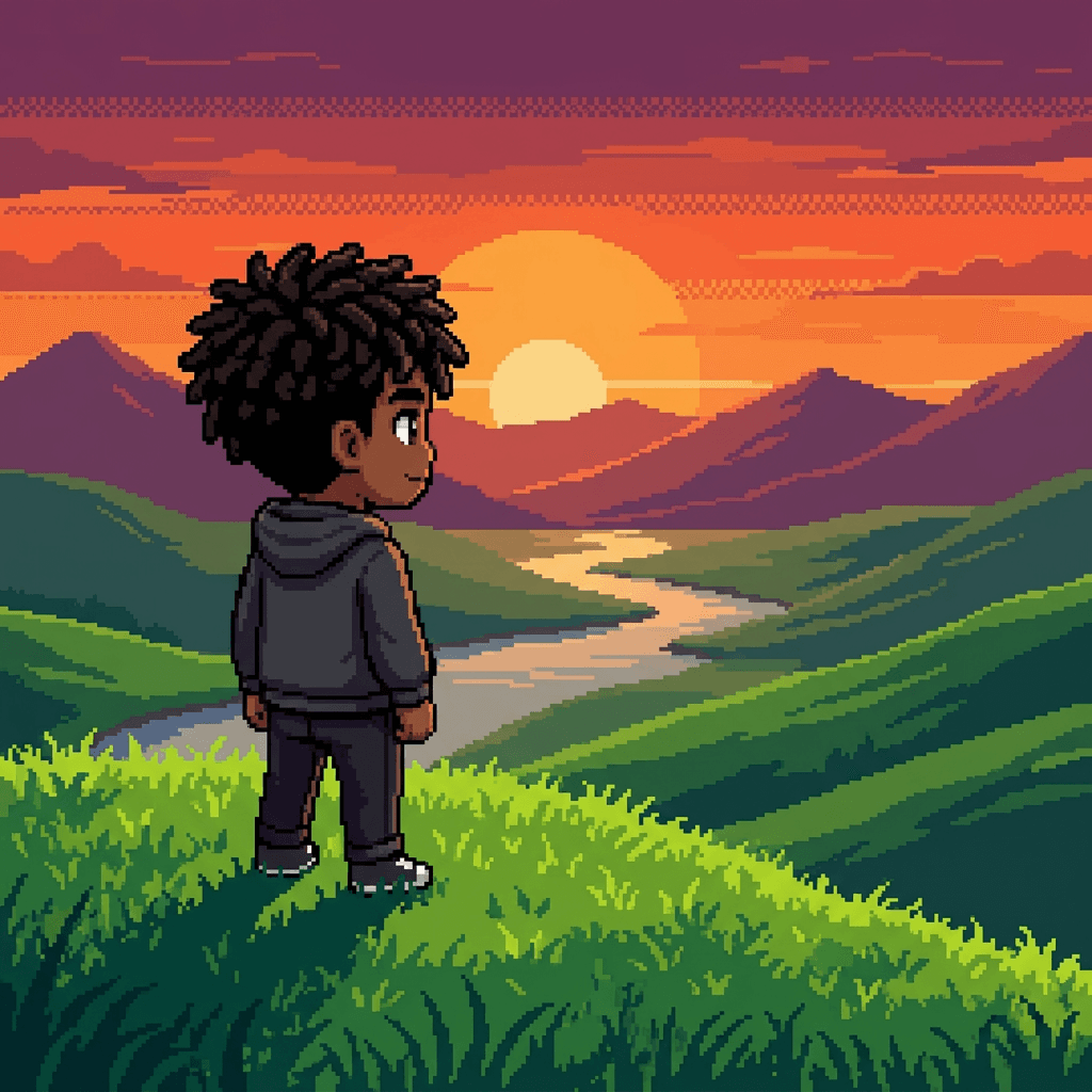 Character on hill watching sunset